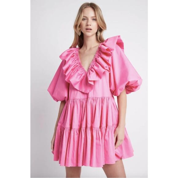 Aje Dresses & Skirts - Aje Solstice Ruffle Tiered Mini Dress Puff Sleeves Pink Size AUS 6 US 4 NWT